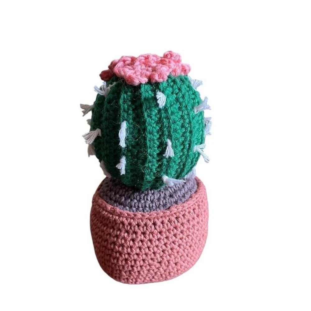 Handmade Crochet Ball Cactus with Pink Flowers Decorative Crocheted Plant Spikes